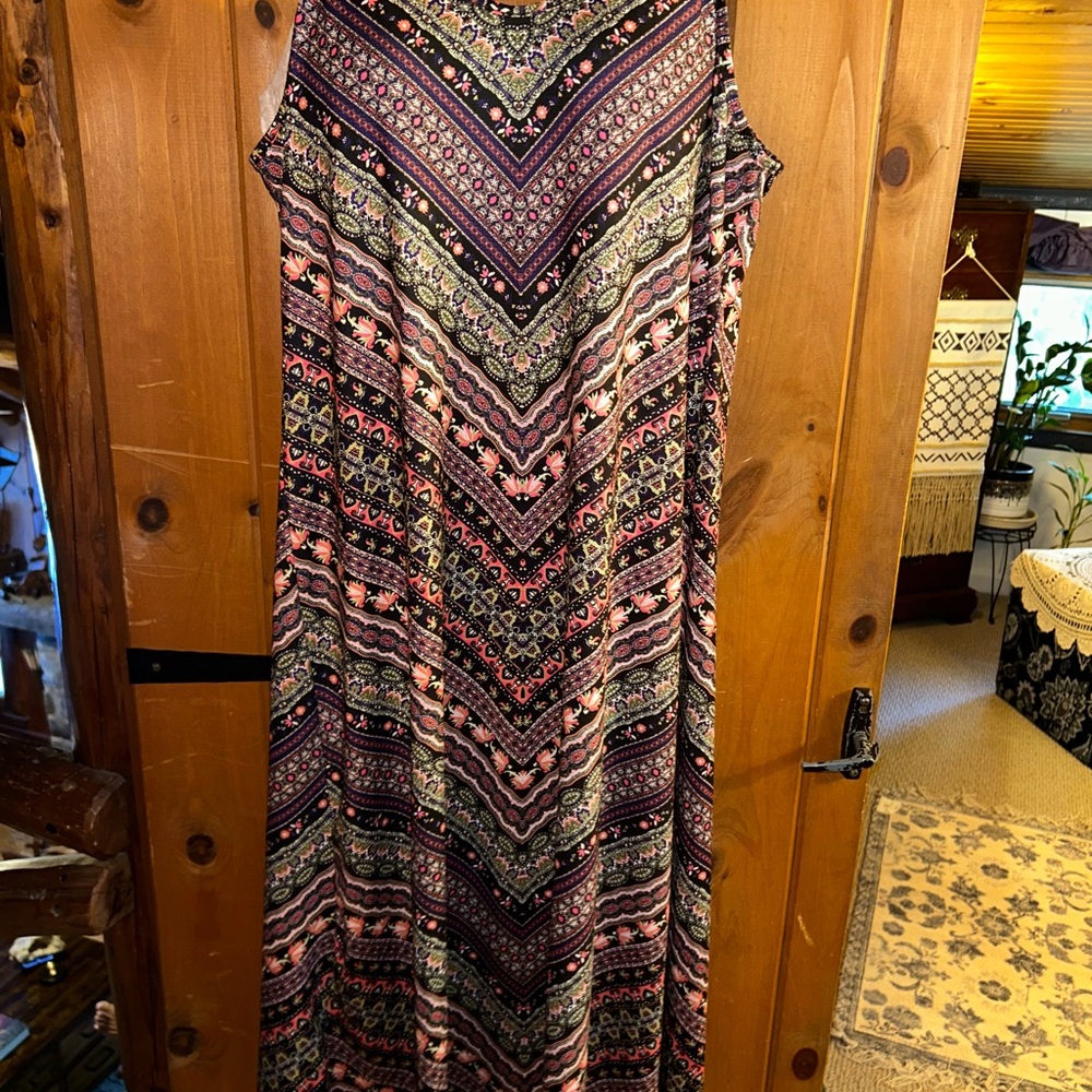 Boho Maxi Sundress in Purple and Coral with Splashes of Green